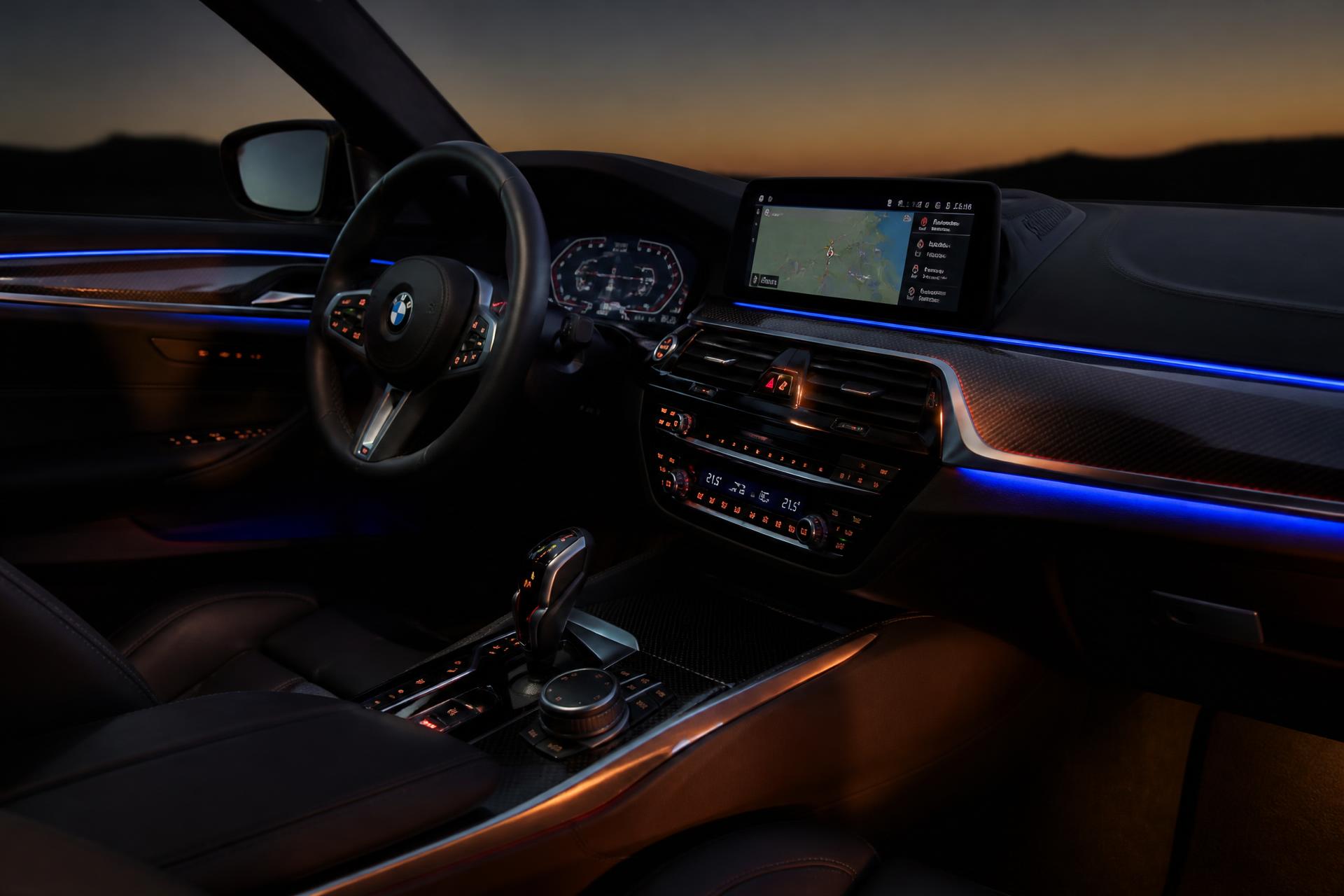 BMW-Innenraum mit blauem Ambientelicht nach professioneller Aufbereitung